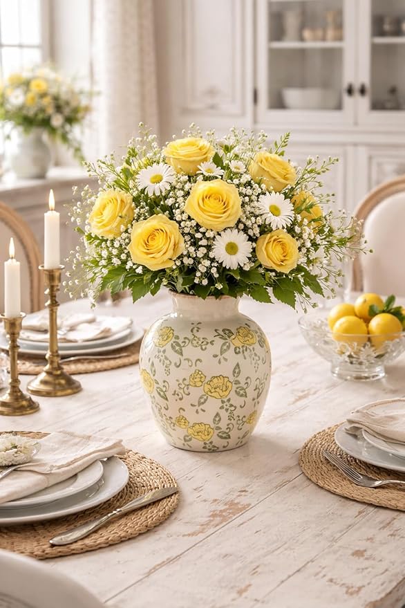 SIDUCAL Ceramic Vintage Vase, 5.83 Inch Yellow Rose Chinoiserie Floral Vase, Rustic Farmhouse Vases for Bouquet, Home Decor, Living Room, Bookshelf, Garden, Tuscan Decor