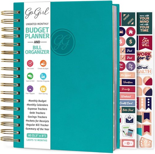 GoGirl Budget Planner - Monthly Bill Organizer & Expense Tracker Notebook Journal, Compact Turquoise