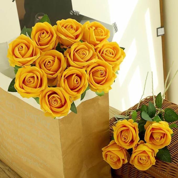 15Pcs Pearl Yellow Roses Artificial Flowers Fake Roses Long Stem Velet Rose Silk Flowers for Home Wedding Decoration (Pearl Rose,Yellow)