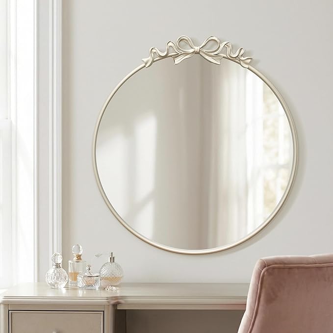 Besdomus Antique Large Wall Mirror: 27" Champagne Silver Bow Vintage Wall Mounted Mirror - Baroque Traditional Ornate for Fireplace/Bathroom/Living Room - Home Decor for Fashion-Conscious