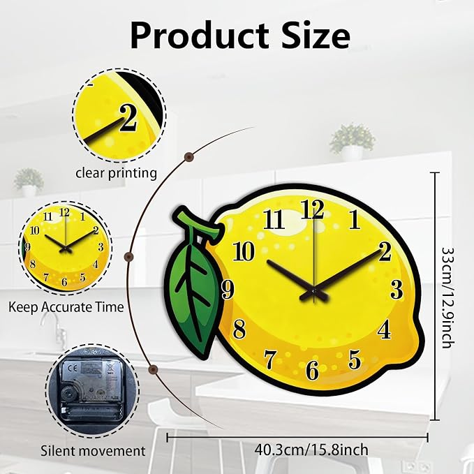 Lemon Wall Clock Irregular Shape Decorative Wall Clock Cartoon Style Non-Ticking Clock for Home Office Decoration, 15.86×12.99 inch