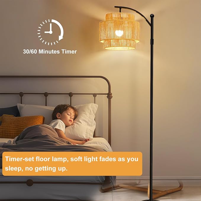 Rattan Floor Lamp with 3 Color Temperatures, Dimmable Boho Floor Lamp with Remote Control, Adjustable Height Tall Lamp for Living Room, Bedroom, Office, Wicker Standing Lamp with Foot Switch