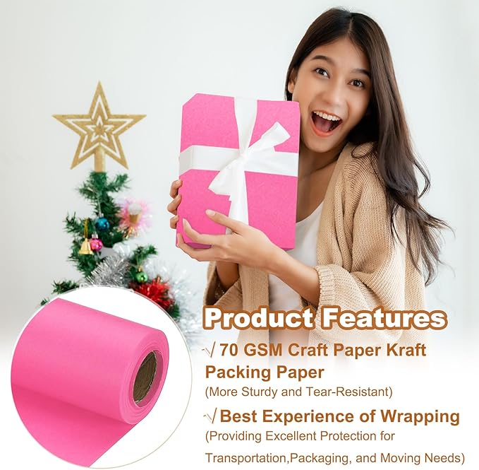 PATIKIL Wrapping Paper, 15" x 394"(33') 70 GSM Craft Paper Roll Kraft Packing Paper for Poster Bulletin Board, Gift Wrapping, Pink
