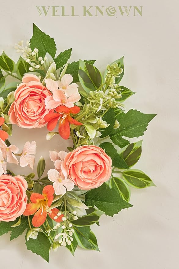 WELL KNOWN 2 Pcs Mini Spring Floral Candle Rings Wreaths for Pillars Home Table Window Decor, 9 Inches Artificial Flower Cabinet Wreath for Kitchen Farmhouse Wedding Party (Peach Ranunculutus)