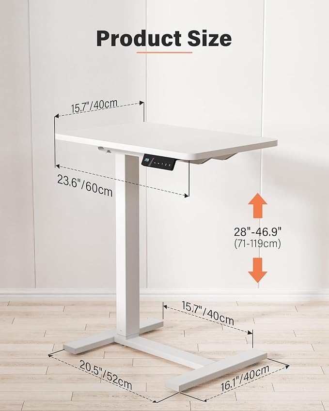 FiCiHi Small Electric Standing Desk - Adjustable Height Bedside Laptop Table with Wheels, Mobile, Portable Rolling Computer Workstation Sit Stand Table for Home Office, Sofa, Couch Use (24x16, White)