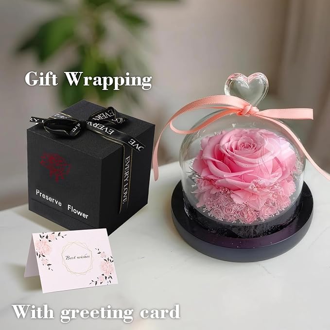 Flowers for Delivery - Forever Flowers Rose in Glass Dome with LED Lights, Large Size Preserved Roses Gifts for Women, Mom, Wife, Friend -Birthday, Anniversary, Valentine's Day Gift (Pink)