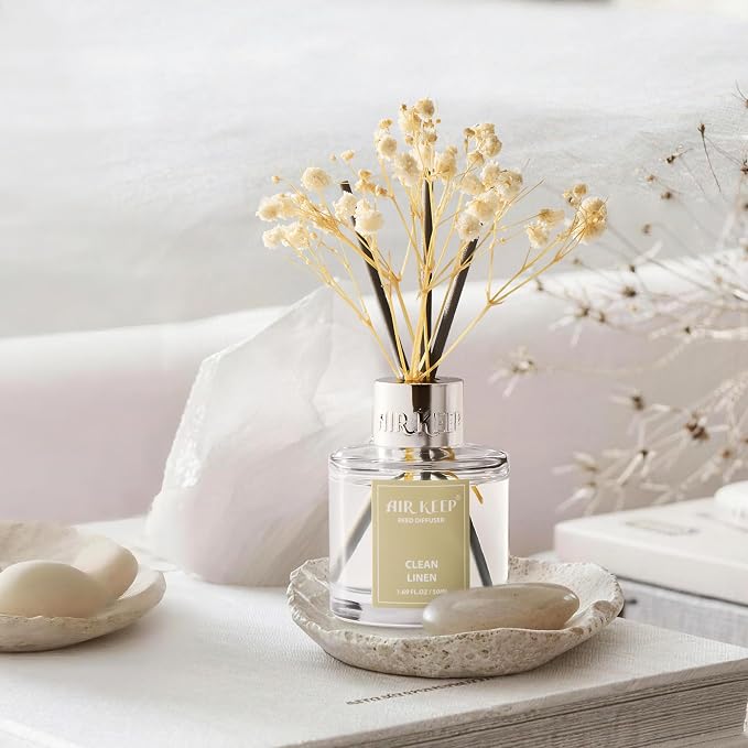 Airkeep Reed Diffuser Set,1.69 fl oz (50 ml) - Clean Linen Oil Diffusers with 8 Reed Sticks,Home Fragrance Reed Diffuser for Bathroom Shelf Decor
