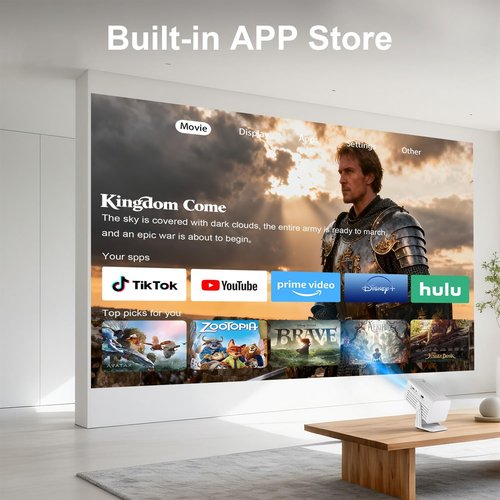 Mini Projector | Built-In Apps & 4K Support - Native 1080P, Wifi & Bluetooth, Auto Keystone, 135° for Home & Outdoor Use