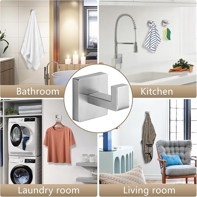 Heavy Duty Stainless Steel Towel Hooks, Wall Mounted Square Robe Hooks for Bathroom, Kitchen, Bedroom, Hotel Brushed Nickel 2 Pack