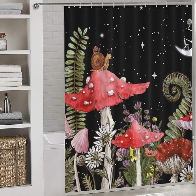 Mushroom Shower Curtain, Wild Floral Botanical Mushroom Moon Gothic Cottagecore Nature Plants Herbs Black Vintage Rustic Waterproof Fabric Bathroom Shower Curtain Set with Hooks, 72"x84" Inch