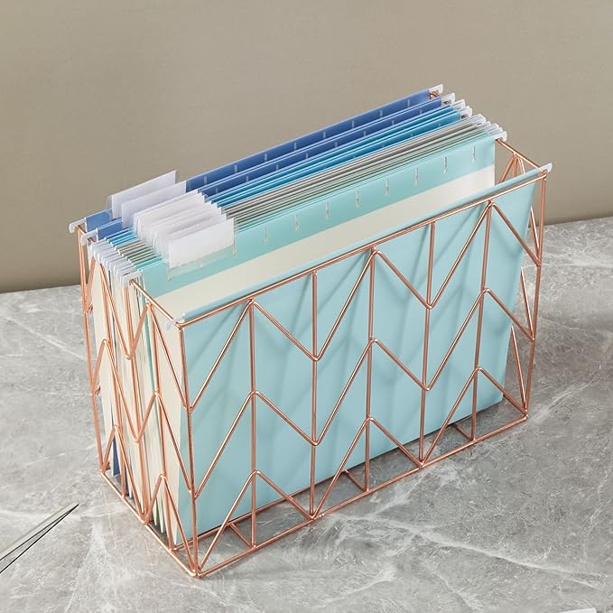 Beramon Hanging File Folder Kit Includes 1 Rose Gold Hanging File Desk Organizer and 20 Pack Hanging File Folders Letter Size with 1/5 Cut Tabs Design for School Office Home Supplies, Blue Design