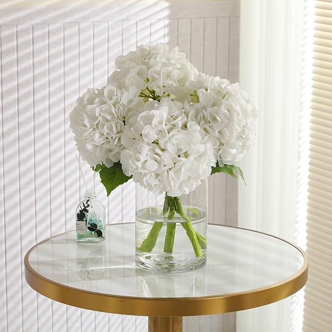 4Pcs Hydrangea Artificial Flowers, 22.44" Real Touch Latex Faux Hydrangea with Long Stems & Leaves for Home Office Decor or Wedding, Party, Centerpieces, Floral Arrangements (White)