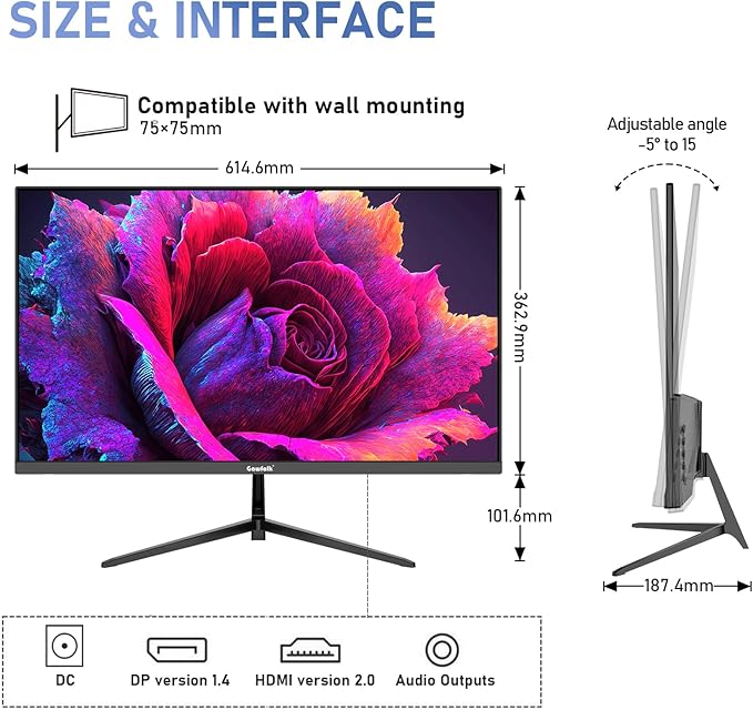 Gawfolk 27 inch IPS 2K QHD (2560×1440) Computer Monitor 75Hz Gaming PC Screen, 1ms，Adaptive Sync,100% sRGB, 1.07 Billion Colours,Built-in Speaker，Display 1.4、Port HDMI2.0, Black