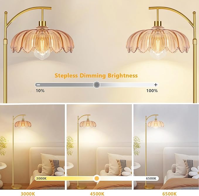 QIYIZM Floor Lamp for Living Room,Bedroom,Gold Dimmable Standing Lamp with Remote,Mid Century Modern Brass Tall Lamp Retro Vintage Glass Lamp Floor Light Boho Bohemian