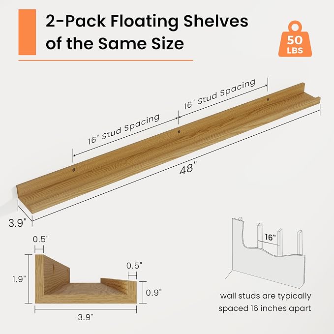 RICHFOCUS Picture Ledge Shelf, 48 inch Floating Shelves Set of 2, Wood Wall Shelves with Lip, Wall Decor Storage for Bedroom Living Room Bathroom Kitchen Nursery Photo Picture, Oak