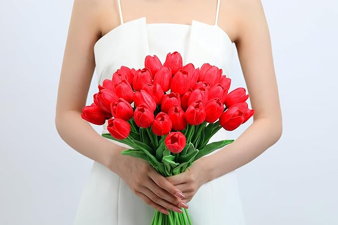 20pcs Red Tulips Artificial Flowers Fake Silk Tulips Real Touch Flowers for Spring Kitchen Wedding Home Decor Arrangements Easter Decor 14 Inch