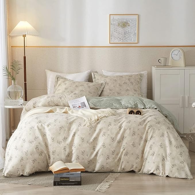 VM VOUGEMARKET Vintage Flower Duvet Cover Set Full Cotton Girls Aesthetic Bedding Set Reversible Floral Duvet Cover with 2 Pillow Shams,Blooming Comforter Cover with Zipper-Gray Green