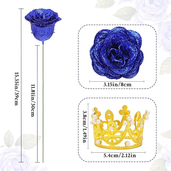Waipfaru 36 Pcs Glitter Roses Bouquet, DIY Fake Flowers Bouquet, Artificial Blue Rose Bouquet for Valentines, Mothers Day Gifts, Anniversary, Engagement, Wedding