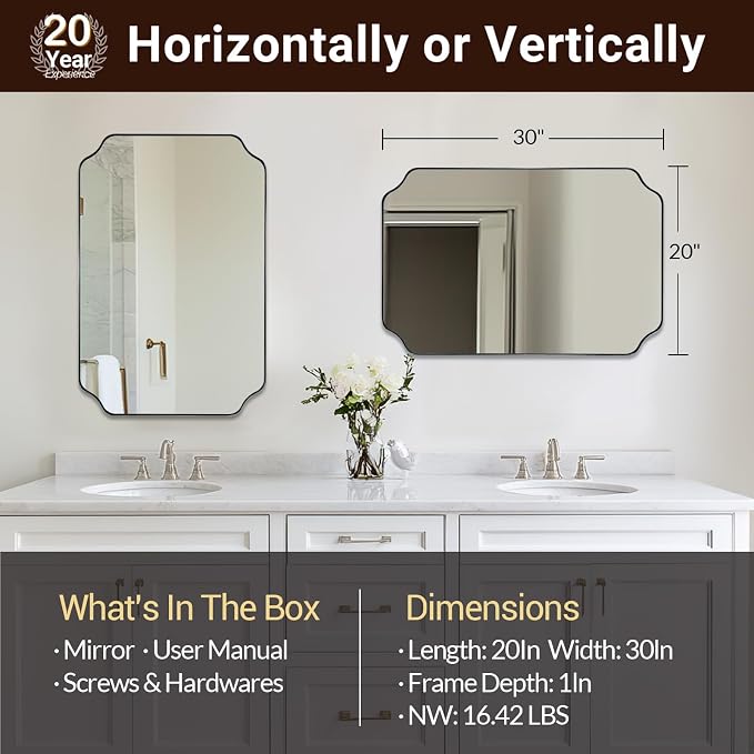 ANDY STAR Chrome Bathroom Mirror, 20x30 Inch Polished Nickel Vanity Mirror, Scalloped Mirror in Rustproof Stainless Steel Thin Frame, Unique Rounded Notched Corners, Ideal for Narrow Bathroom Remodel