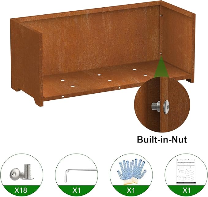 Large Planters for Outdoor Plants 32"L x 15"W x 15"H, Co-rten Steel Planter Box with 6 Drainage Holes, Raised Bottom, All-Weather Garden Planter Box for Patio, Lawn, Commercial & Residential