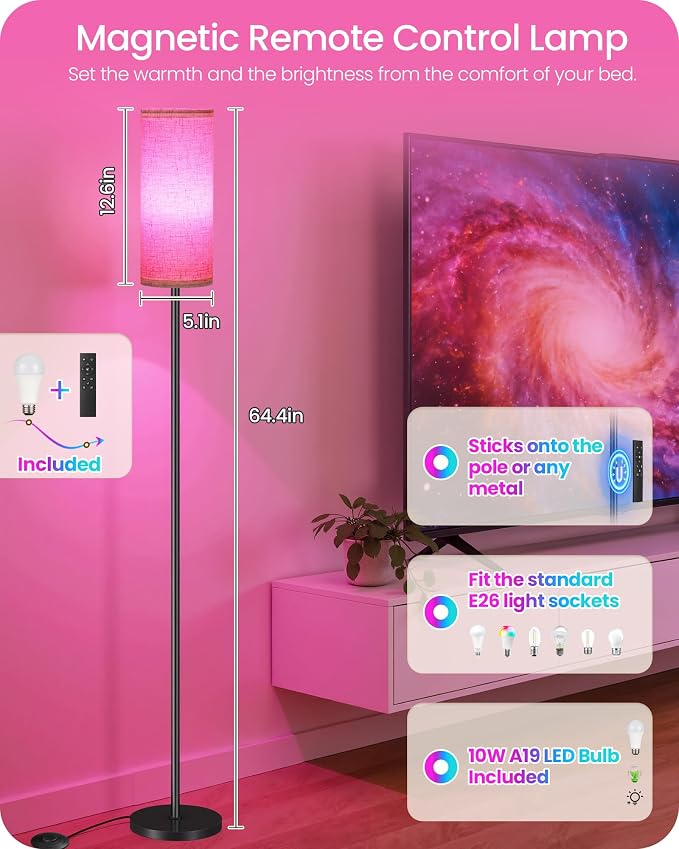 Dimmable Floor Lamp for Living Room with RGB Colors, Color Changing Ambient Lighting, Corner Standing Lamp for Bedroom - Remote, Foot Switch, Timer, Warm Cool White, 10W Smart Bulb Included RE06LD05W1