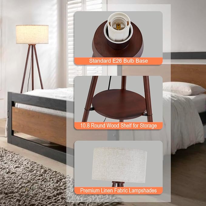 BTP Wood Tripod Floor Lamp for Living Room, 3 Color Temparature LED Bulb Included, Mid Century Modern Wooden Shelf Floor lamp with Linen Shade for Bedroom, Office, Walnut Wood Color