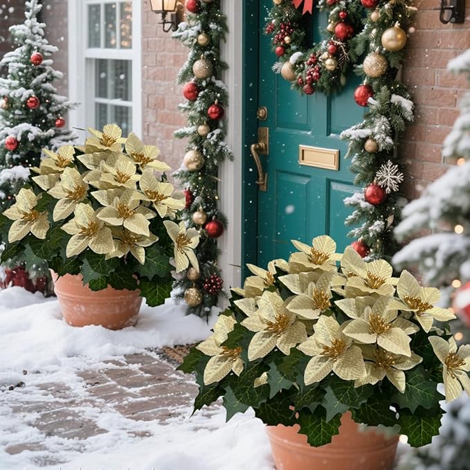 8 Pack 5 Heads Christmas Artificial Poinsettia Flowers Faux Poinsettia Bush Bouquets Silk Poinsettia Christmas Tree Ornaments Poinsettia Flower Arrangement for Home Decor