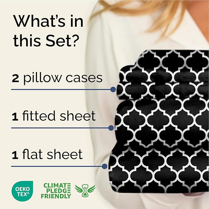 Black Geometric Bed Sheets - 1 Flat & 1 Fitted Sheet & 2 Pillowcases w/ Deep Pockets – Wrinkle & Fade Free- Ultra-Soft, Breathable and Cooling - Luxury Moroccan Bed Set – King Size - Black Quatrefoil