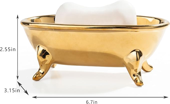 6.7" Ceramic Mini Clawfoot Bathtub Bar Soap Dish, Decorative Bar Soap Holder, Soap Tray Sponge Holder for Shower, Bathroom & Kitchen Sink (Gold)