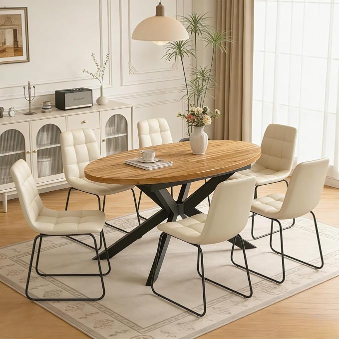 63"-78.7" Extendable Round Dining Table Set for 6, 7 Piece Mid Century Modern Oval Kitchen Table Set, Large Dining Table with 6 Dining Chairs for Living Room Space Saving（Walnut Table+6 Beige Chairs)