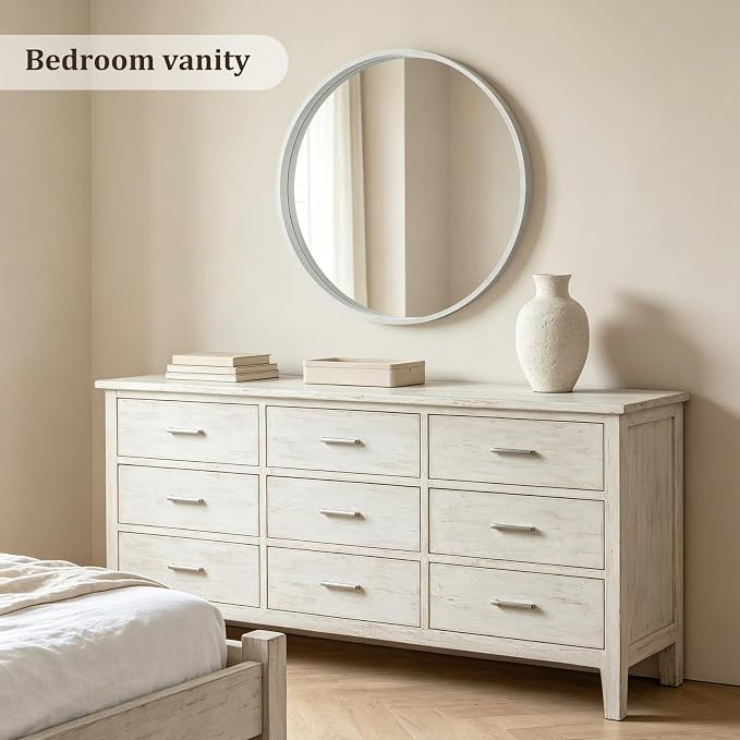WallBeyond 36 Inch Round Wood Mirror, Large Circle Wooden Frame Wall Mirror for Bathroom, Living Room, Bedroom, Entryway (White)