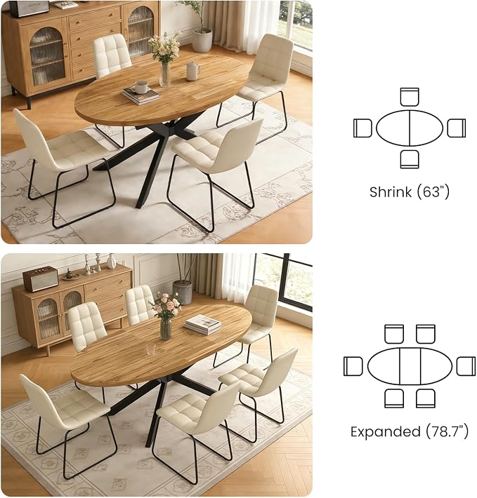 63"-78.7" Extendable Round Dining Table Set for 6, 7 Piece Mid Century Modern Oval Kitchen Table Set, Large Dining Table with 6 Dining Chairs for Living Room Space Saving（Walnut Table+6 Beige Chairs)