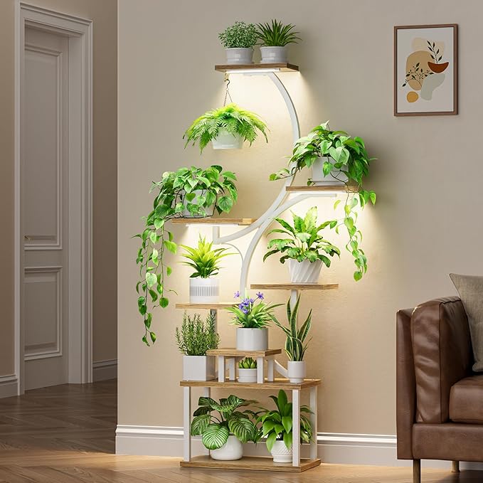 BACEKOLL 8-Tiered Plant Stand With Grow Lights - 62" Tall Indoor Shelf for Multiple Plants, Metal S-Shaped Flower Holder Rack for Home, Patio (White)