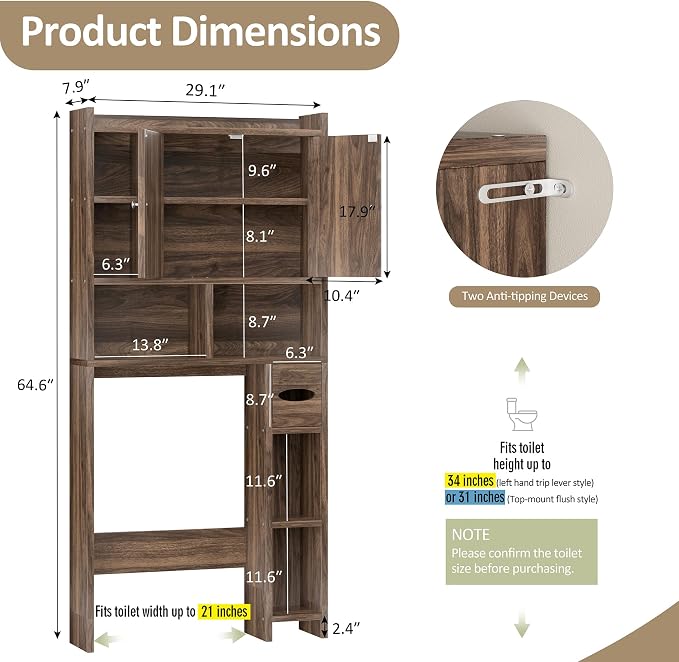 Over the Toilet Storage Cabinet, Freestanding Storage Cabinet Over Toilet, Bathroom Storages Organizer Cabinets with Toilet Paper Holder Stand and Adjustable Shelf, Walnut