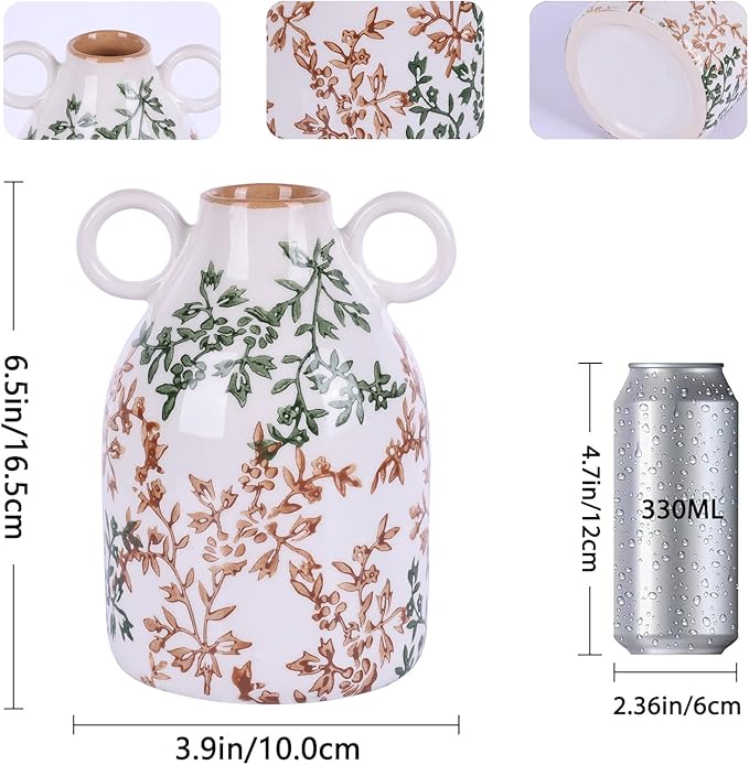 Rustic Green Ceramic Vase with Handle, Nordic Boho Small Vases Side Table Flower Centerpiece, Wide Mouth Single Flower Vase Pampas Grass Decorative - for Home Window Sill Living Dining Room Kitchen