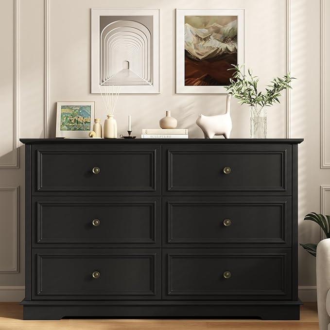 6 Drawer Dressers for Bedroom, Black Wooden Chest of Drawers with Deep Drawers, Closet Dressers with Metal Handle for Bedroom, Living Room