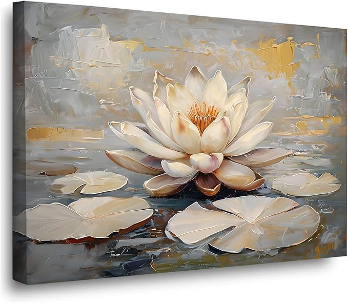 Ethereal white lotus floating on Crystal Waters poster vintage oil painting printwall art soft blush and gold accents serene home and office decor dreamy 8x12in Wood Framed