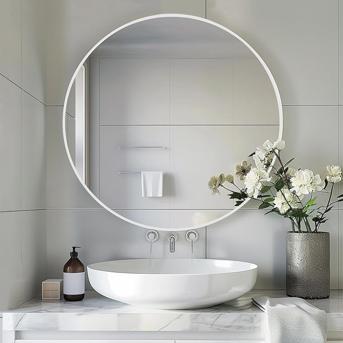 Sunniry White Round Mirror 30 inch, Large Round Mirror, Bathroom Mirror Matte Metal Frame, Circle Mirrors for Living Room, Bathroom, Wall, Hallway.