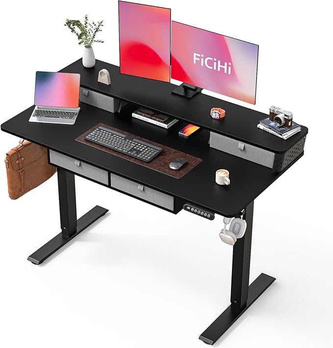 FiCiHi Adjustable Height Standing Desk with 4 Drawers,48 x 24 inches Electric Sit Stand Home Office Desk with Two Tiers, 3 Memory Presets, Monitor Stand Riser, C-Clamp Mount Compatible
