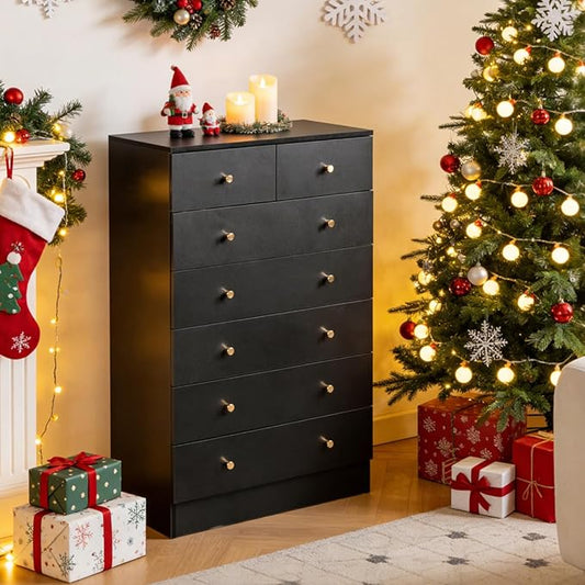 Karl home Black 7 Drawer Dresser for Bedroom, Tall Dresser Chest of Drawers, Rustic Wood Bedroom Dressers Clothes Organizer, Anti-Tipping Device, Rose Gold Metal Handle, Living Room, Entryway, Office