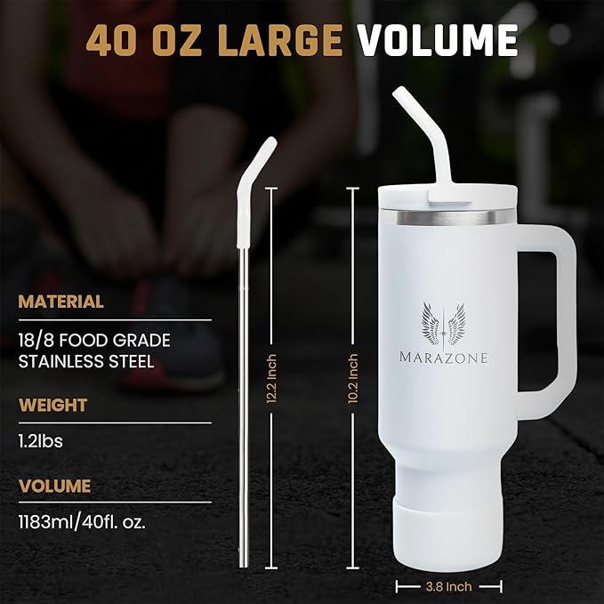 40 oz Tumbler with Straw and Leakproof Lid for Hot and Cold Drinks - Stainless Steel Travel Mug Fits Cup Holder, Reusable Water Bottle with accessories, Gift for Women and Men - Pure white