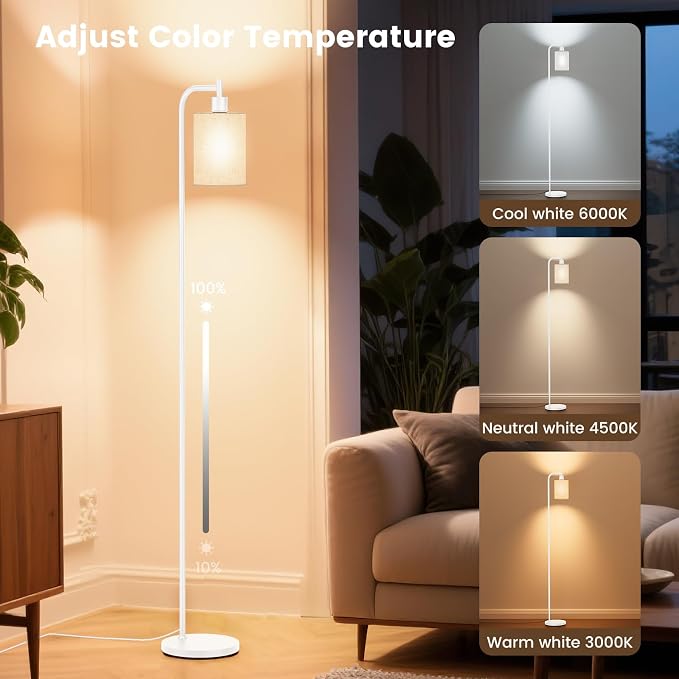SIBRILLE Floor Lamp with Linen Shade, Dimmable Tall Standing Lamp with Remote Control & 3 Color Temperatures, Modern Floor Lamps for Living Room Bedroom Office Corner, 9W LED Bulb Included