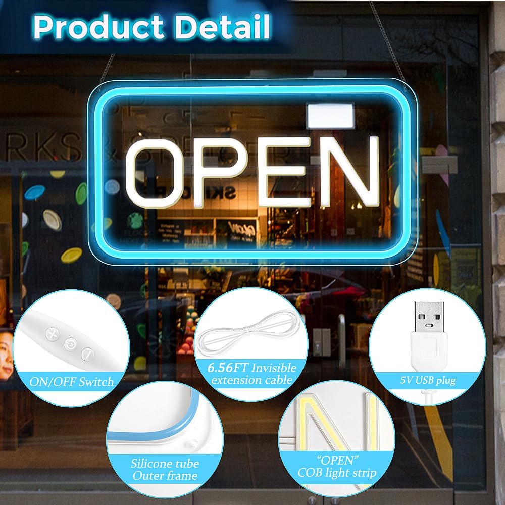 Skiennix Neon Open Sign - Bright 16"x9" COB LED Light with USB Plug & ON/OFF Switch | Ice Blue & White for Business, Shop, Hotel