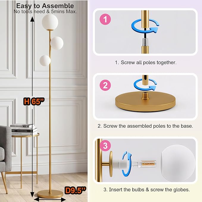 Fiqevs 3 Globe Floor Lamp Mid Century Modern, Gold Standing Lamp with Frosted Glass Shade & LED Bulbs, Tall Pole Light with Foot Switch for Living Room Bedroom Office - Antique Brass