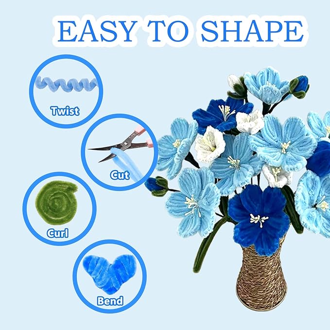 Pipe Cleaners Flower Craft Kit,Chenille Stems Craft DIY Bouquet Making Set with Floral Wires, Gardening Tape, Stamens & Ribbon for Home Decor-Holiday Decorations,Gifts - 400 Pcs (Blue)