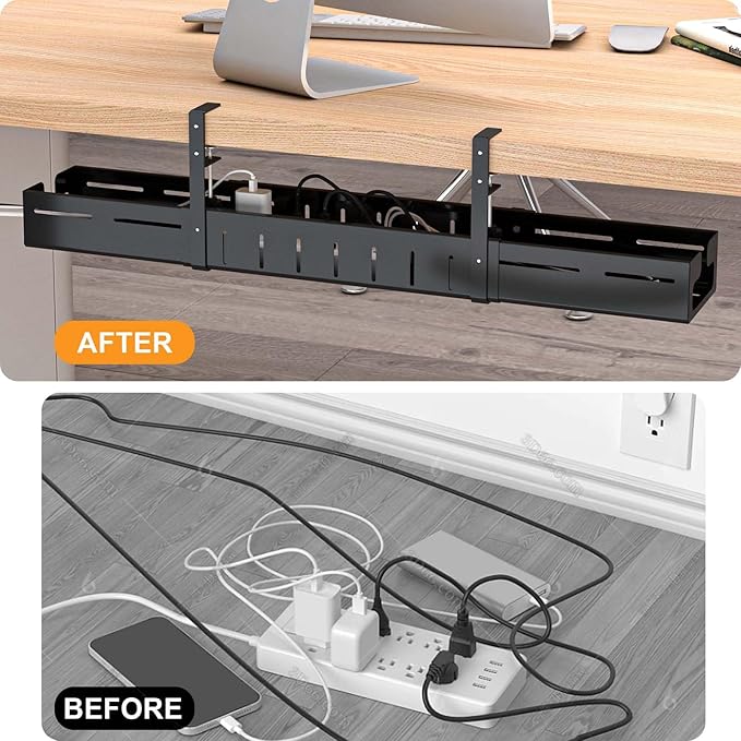 REALINN Under Desk Cable Management Tray Black, Expandable 25.27"-38.66" Sturdy Steel Desk Cord Hider Raceway for Office/Home