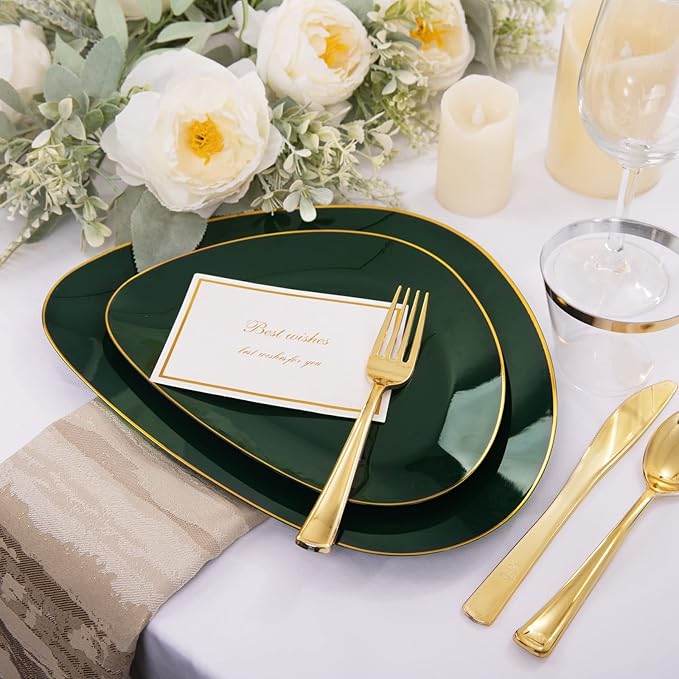 DaYammi 180Pcs Green Plastic Plates, Green Gold Disposable Plates with Gold Silverware Dinnerware Set Include: 30 Dinner Plate,30 Dessert Plate,90 Plastic Cutlery,30 Cups for Christmas Party Holiday