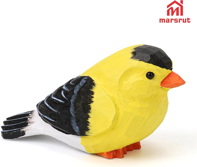 American Goldfinch Figurine, Miniature Yellow Finch Sculpture, Hand Carved Wooden Bird Ornament, Golden Wild Canary Statue, Small Wildlife Nature-Inspired Rustic Art Collectibles for Gift, Home Decor