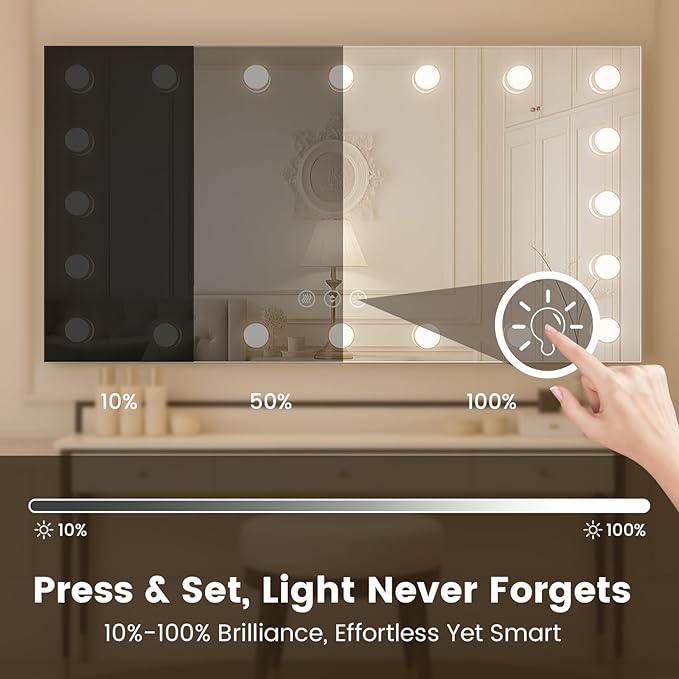 WTTY 60"x28" Hollywood Vanity Mirror with Lights, Wall-Mounted Makeup Mirror with 3 Color Temperatures, Stepless Dimmable Bulbs, Anti-Fog & Shatter-Proof