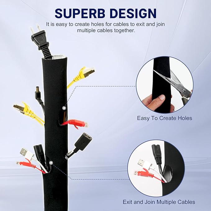 Cable Management Sleeve 10ft (120 inch) - 1.5 inch, Hook-and-Loop Cuttable Neoprene Cord Organizer, Split Wire Reversible Cord Protector for TV USB PC Ethernet Cable Hider Protect Pets Kids